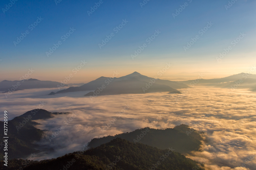 Landscape with the mist at Pha Tung mountain in sunrise time, Chiang Rai, Thailand.