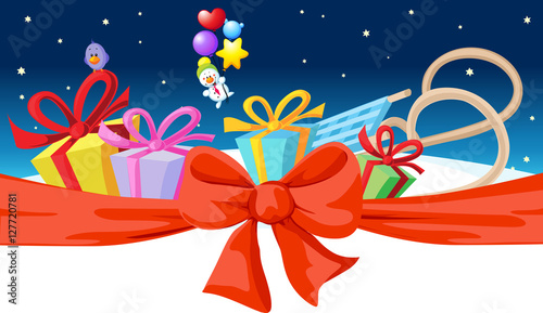 xmas winter banner with gift, toboggan and snow - vector illustration