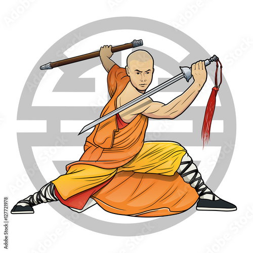 shaolin monk with sword and chinese "Lu" symbol (Prosperity)