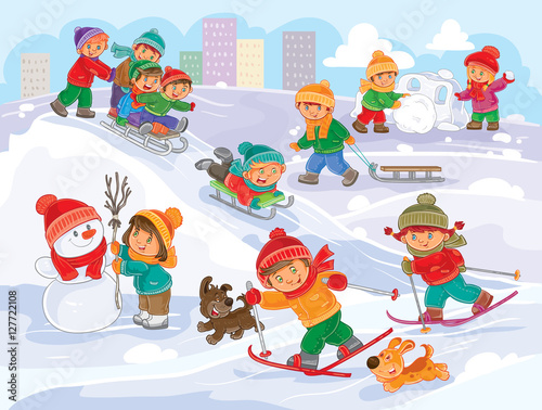 Vector illustration of little children playing outdoors in winter