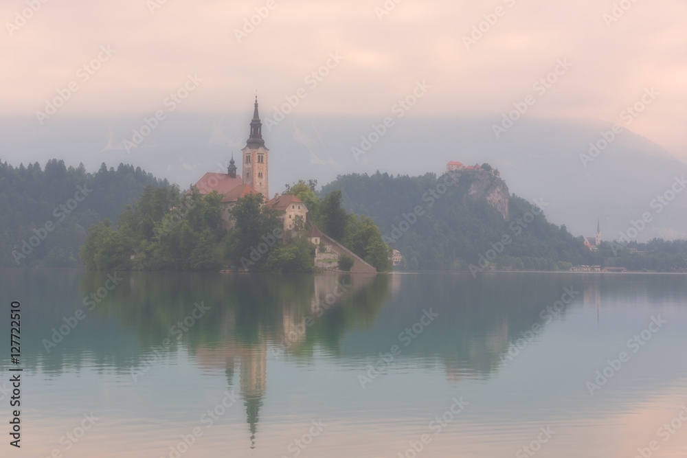 Foggy morning at the alpine lake Bled, Slovenia