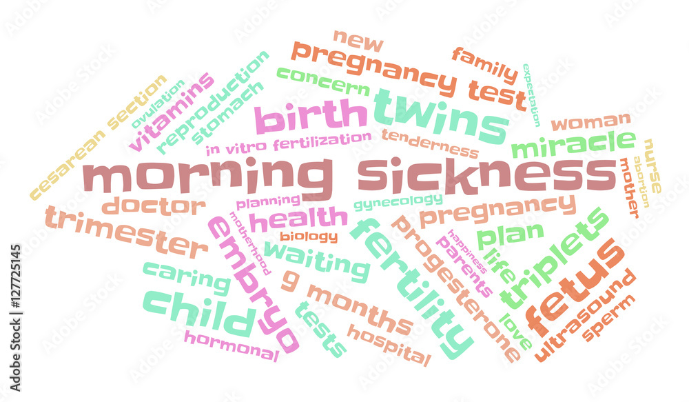 Morning sickness. Word cloud, multicolored font, white background. The miracle of birth.