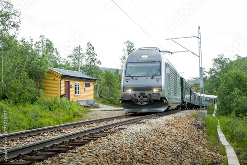 Flamsbana railway train arriving at small rural station, Norway.