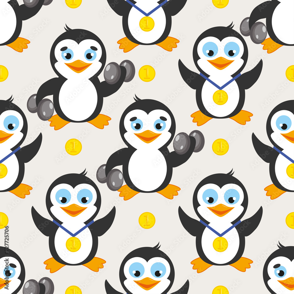 Naklejka premium Funny sport pattern with penguin and gold medal. Fitness background. 