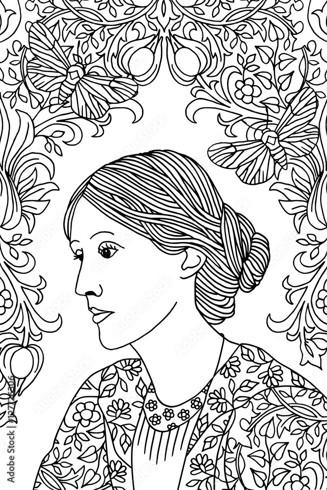 Fototapeta premium Hand drawn ink portrait of Virginia Woolf, with butterfly moths and Victorian flower pattern - black and white illustration