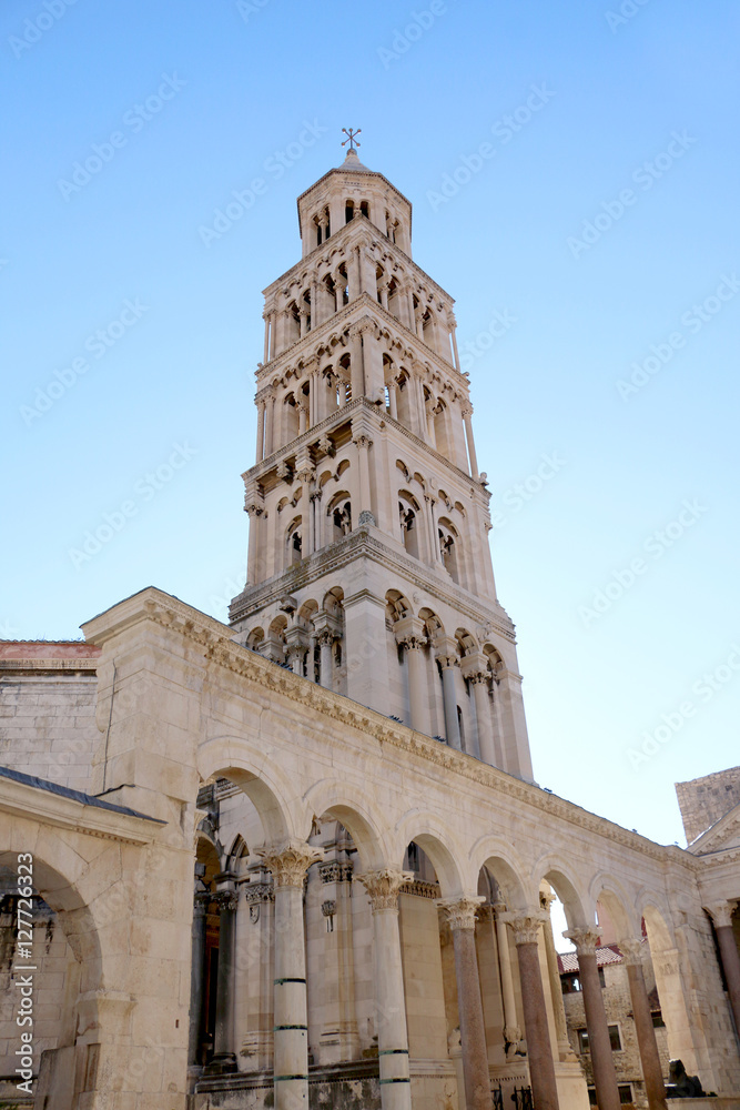 Saint Domnius bell tower, historic landmark in Split, Croatia. Split is popular touristic destination and UNESCO World Heritage Site. 