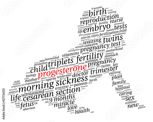 Progesterone. Word cloud, baby silhouette, italic font, white background. The miracle of birth.