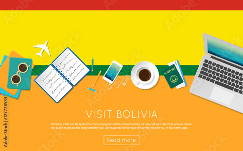 Visit Bolivia concept for your web banner or print materials. Top view of a laptop, sunglasses and coffee cup on Bolivia national flag. Flat style travel planninng website header.