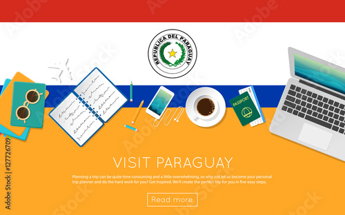 Visit Paraguay concept for your web banner or print materials. Top view of a laptop, sunglasses and coffee cup on Paraguay national flag. Flat style travel planninng website header.