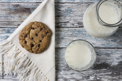 Cookies and Milk / Top View of Cookies and Milk on a Wooden Background