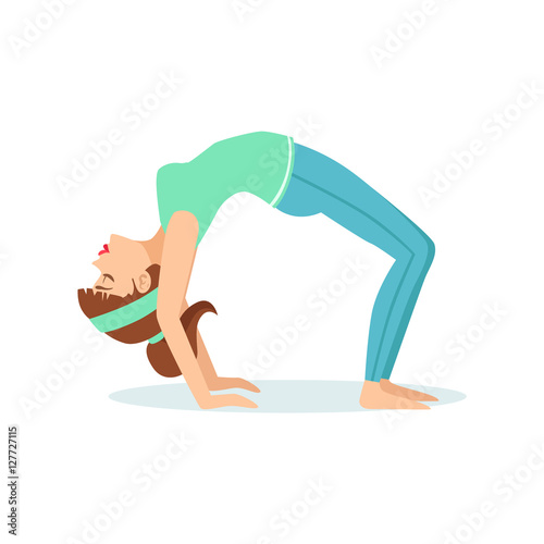 Wheel Chakrasana Yoga Pose Demonstrated By The Girl Cartoon Yogi With Ponytail In Blue Sportive Clothing Vector Illustration