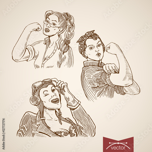Engraving vintage woman show brawn portrait hand drawn vector