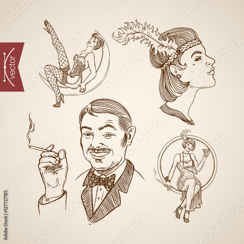 Slika na platnu Engraving vintage sexy show girls singer man hand drawn vector