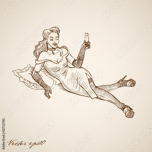 Engraving vintage sexy lady lying on pillow hand drawn vector