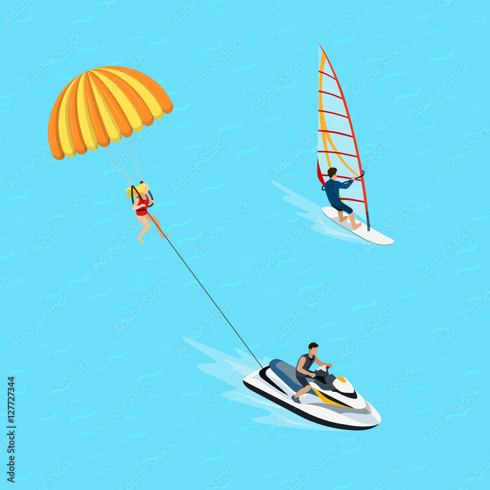 Naklejka premium Flat isometric windsurfer parasailing vector 3d Water sports