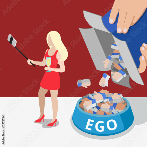 Flat woman selfie man dog bowl Like box social promotion vector