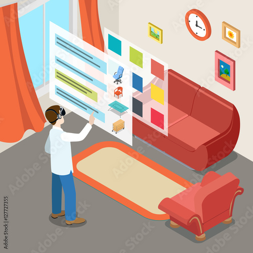 Flat isometric man VR glasses furniture virtual screen vector