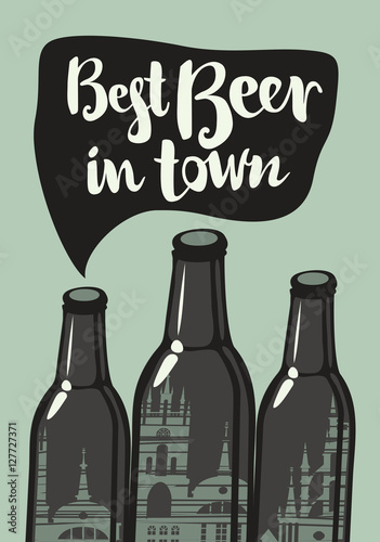 vector banner with three bottles and inscription best beer and town and old city