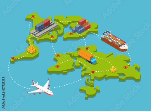 Flat isometric Train cargo Truck Barge Plane vector 3d transport