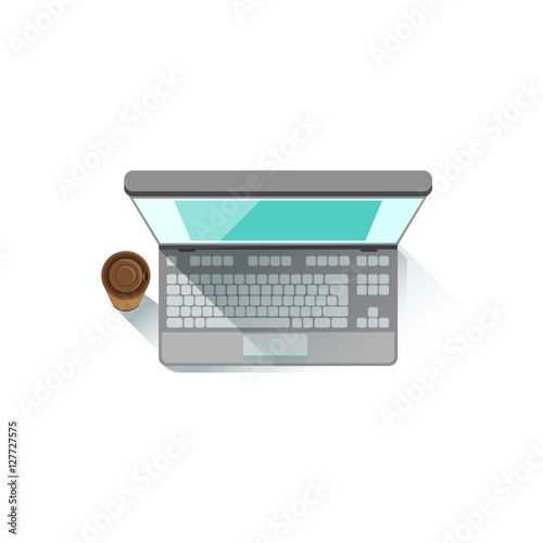 Lap Top An PAper Cup With Coffee Office Worker Desk Element, Part Of Workplace Tools And Stationary Collection Of Objects