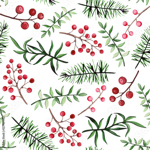 Watercolor Red Berries and Herbs Seamless Pattern
