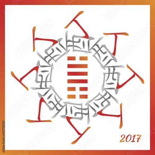 Symbol of 2017 New Year from chinese hieroglyphs. Translation of zodiac feng shui signs hieroglyphs- Fire and Rooster. Yin Fire Rooster Year. Hexagram of chinese year.
