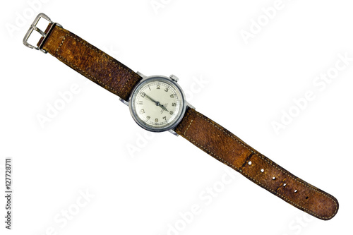 Vintage wrist watch with leather band. Horizontal.