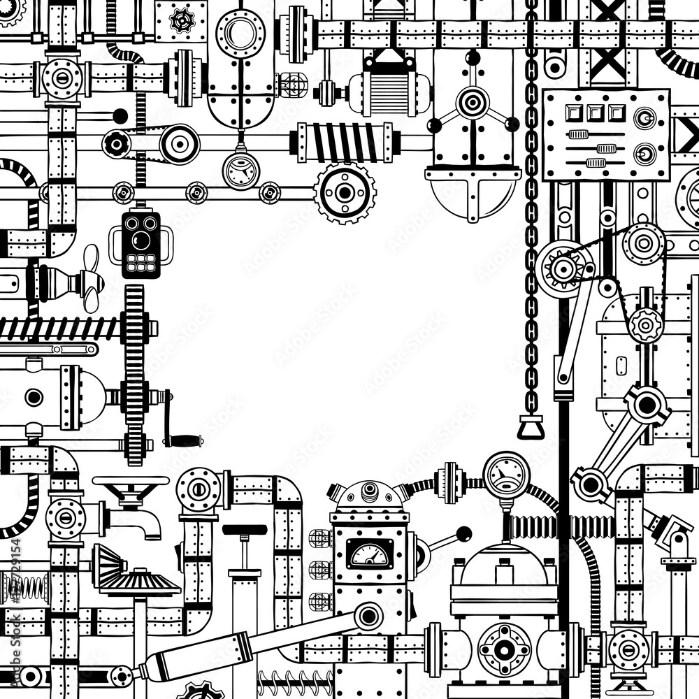 Obraz premium Steampunk doodle frame of various machine parts, scrap metal, mechanism and pipes. Black and white version without the filling.