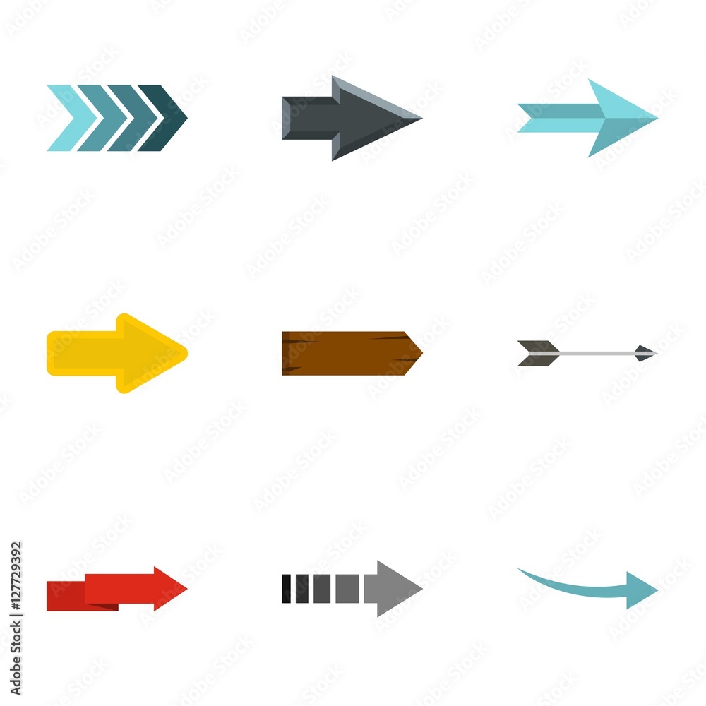 Types of arrows icons set. Flat illustration of 9 types of arrows