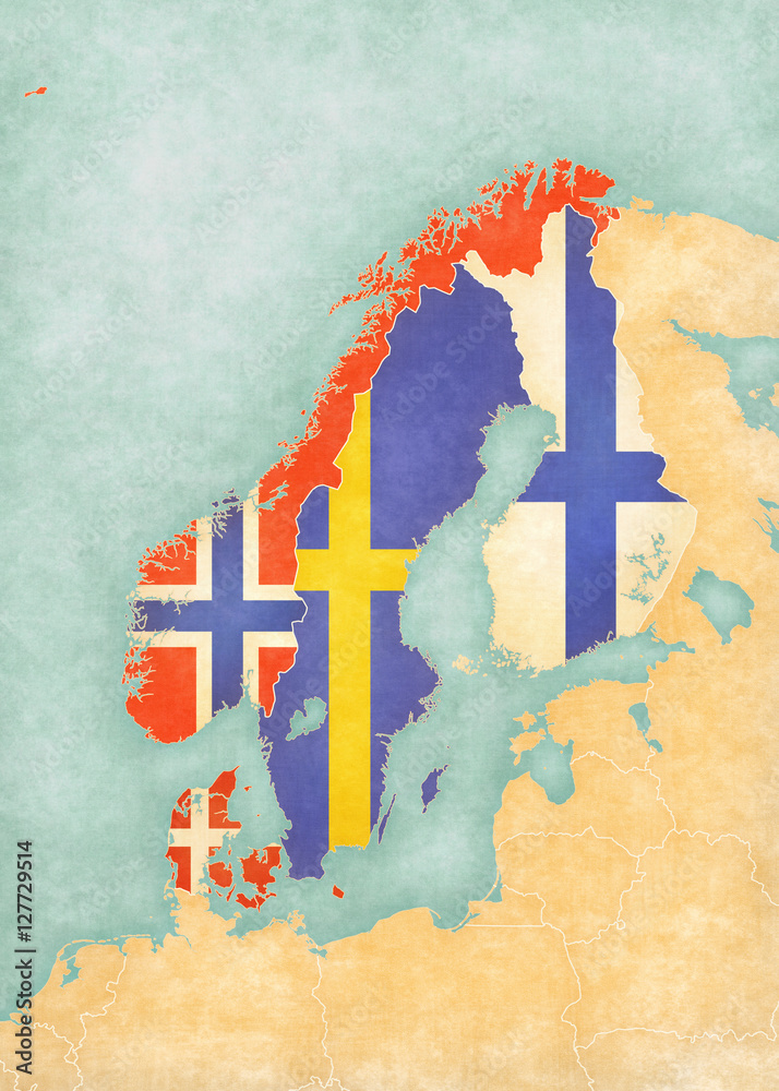 Print　Art　All　Countries　of　Map　Photo　Scandinavia