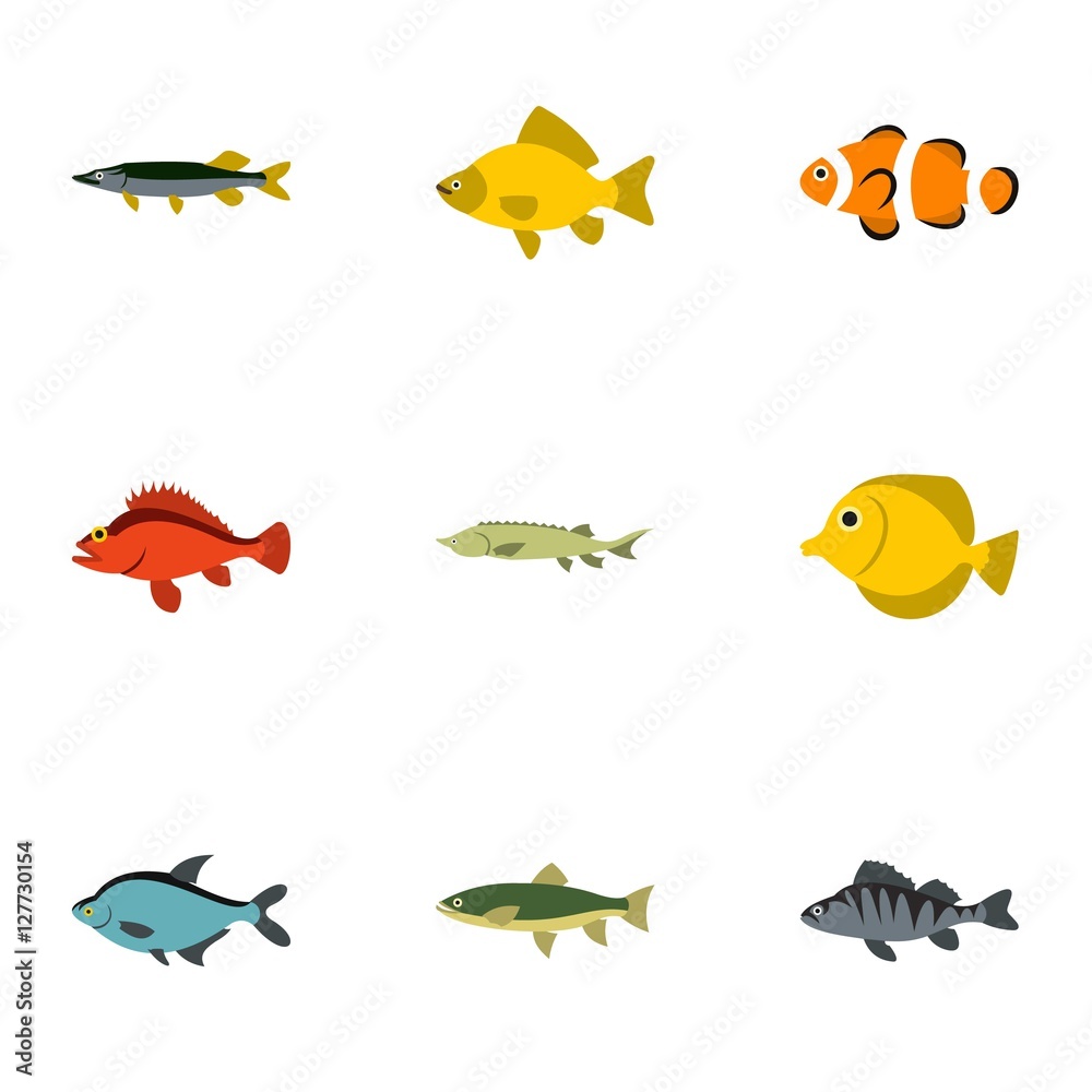 River fish icons set. Flat illustration of 9 river fish vector icons for web