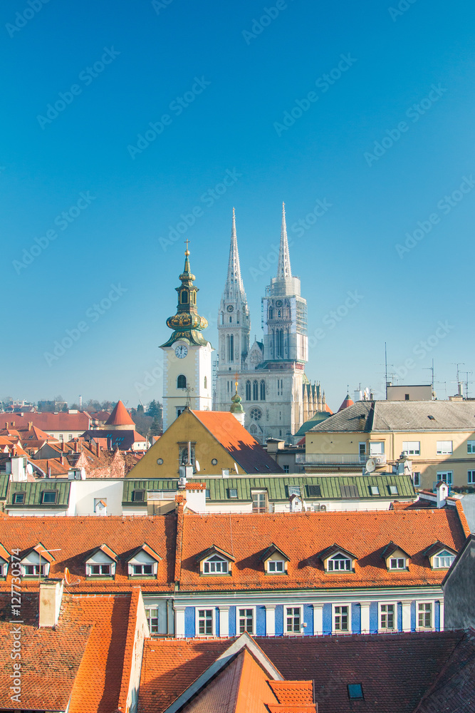     Cathedral in Zagreb, Croatia, view from Upper town 