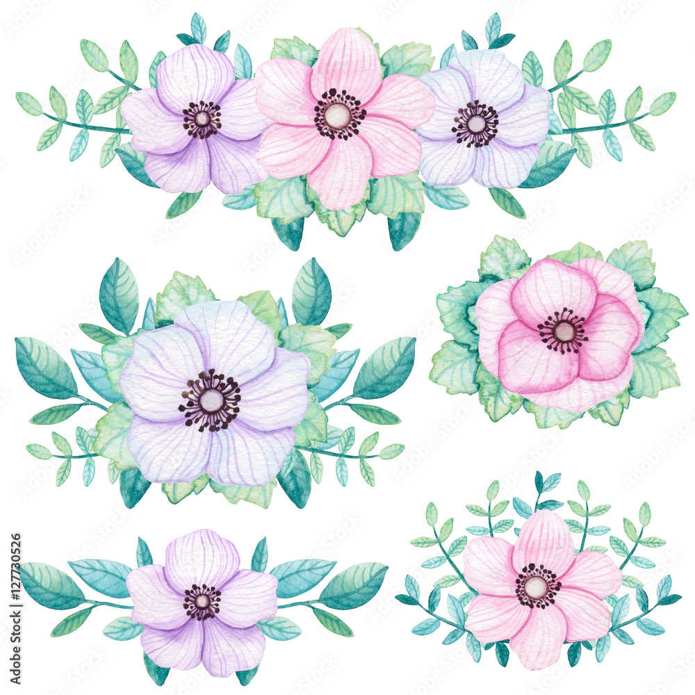 Fototapeta Zbiór bukiety z akwarela niebieskie liście, różowe i fioletowe kwiaty