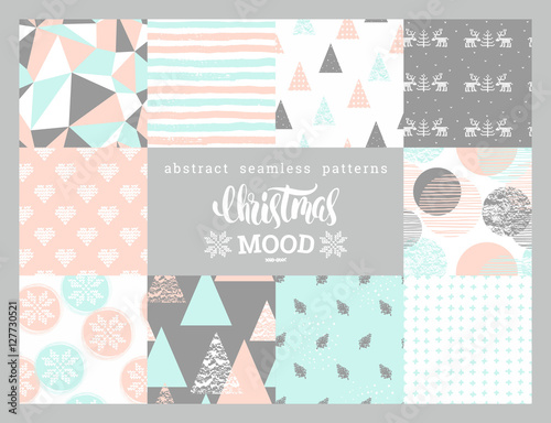 Christmas and New Year abstract geometric  ornamental seamless patterns.