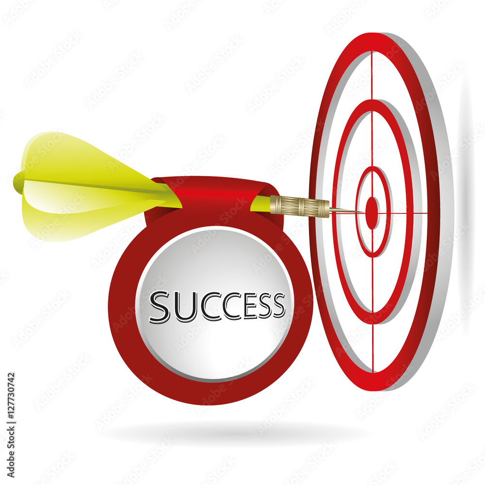 Yellow darts target aim. Successful shoot wth banner. Business t