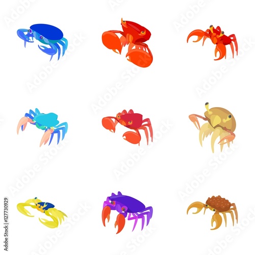 Types of crabs icons set. Cartoon illustration of 9 types of crabs vector icons for web