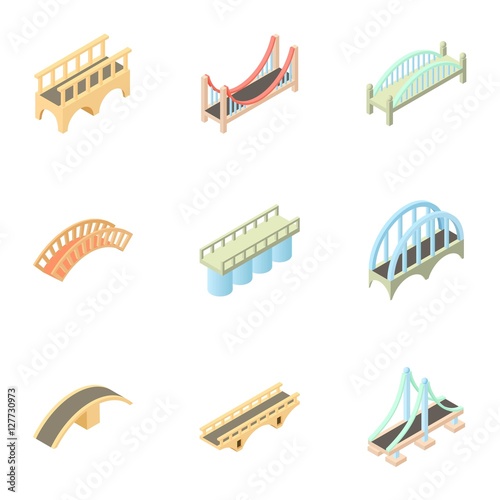 Types of bridges icons set. Cartoon illustration of 9 types of bridges vector icons for web