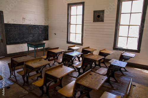 Old school house room with desks