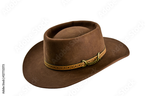 Brown cowboy hat isolated.Vintage American western style felt hat.Rodeo festival cowboy hat.
