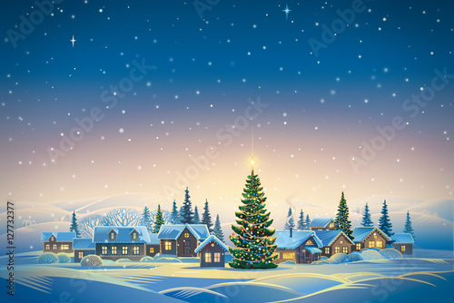 Winter festive landscape with village and Christmas trees. Raster illustration. © Rustic