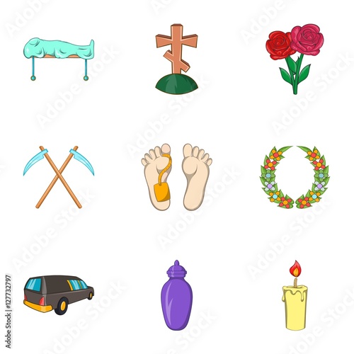 Funeral icons set. Cartoon illustration of 9 funeral vector icons for web
