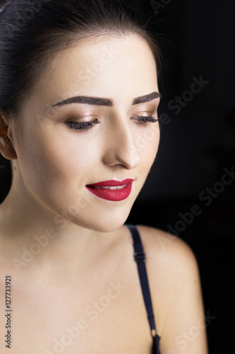 Portrait of girl with make. Red lips