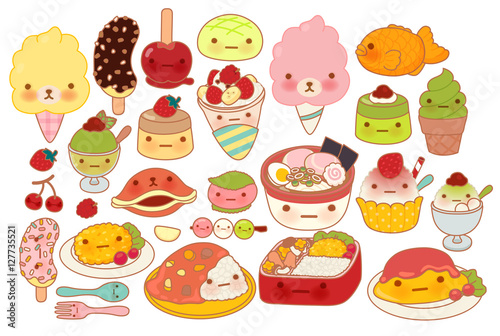 Collection of lovely baby japanese food doodle icon, cute omelet