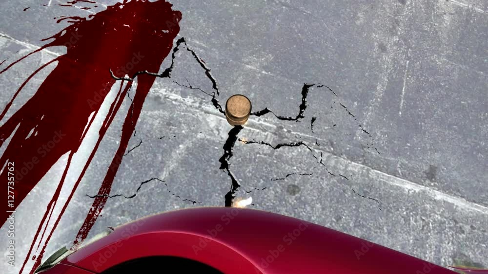 Shot, the bullet hits a wall, blood, the stop car. Background for the title