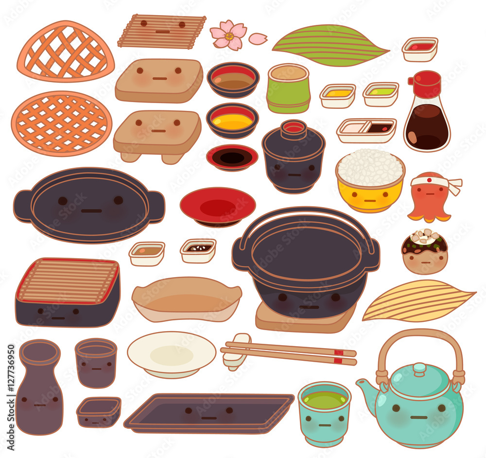 Collection set of lovely japanese kitchen ware doodle icon, cute ...