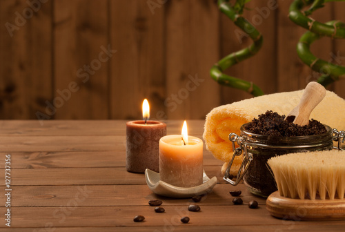 Handmade Coffee Scrub With Argan Oil. Burning Candles. Decorativ