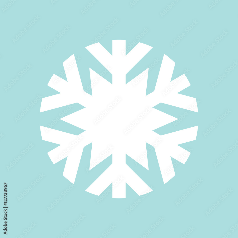 Flat snowflake icon, white on blue background