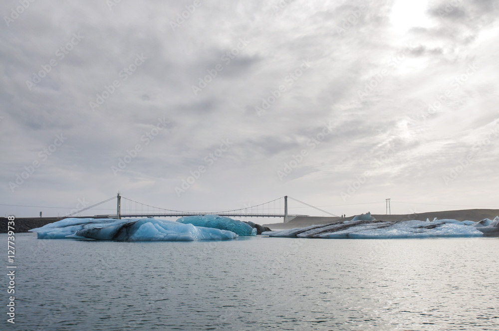 Bridge over the glacier lagoon ( blue lagoon ) Iceland at Sunset Bridge over the glacier lagoon ( blue lagoon ) Iceland at Sunset