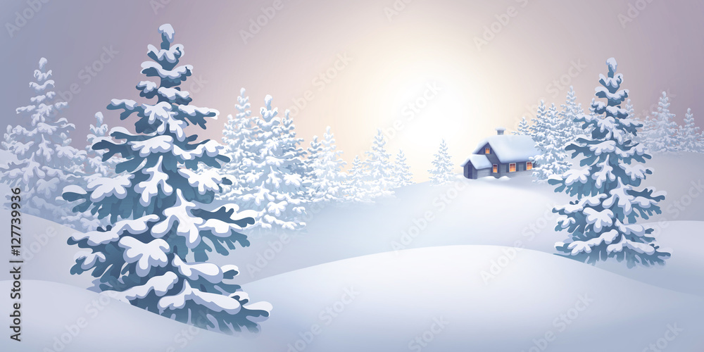 winter nature, panoramic view, Christmas tree, holiday background, digital illustration