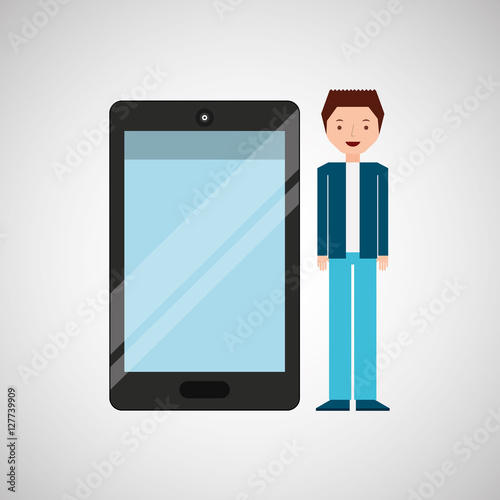 character man young with smartphone shiny layer vector illustration eps 10